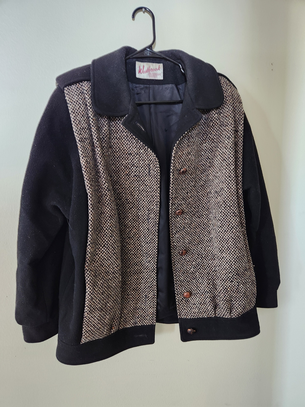 Vintage 1980s 100% Wool Black & Tan Herringbone Coat 12